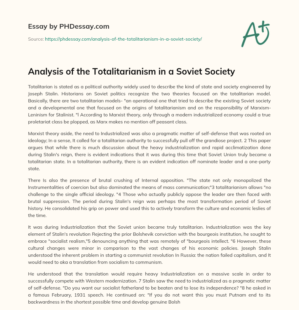 Analysis of the Totalitarianism in a Soviet Society essay