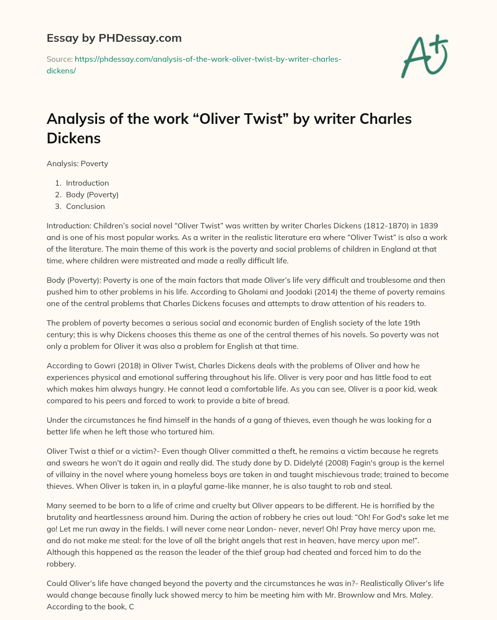Analysis of the work “Oliver Twist” by writer Charles Dickens