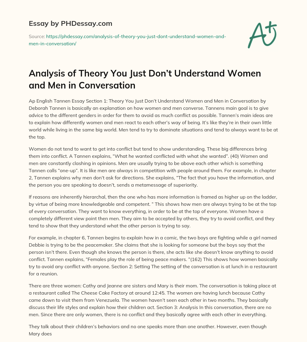 Analysis of Theory You Just Don’t Understand Women and Men in Conversation essay