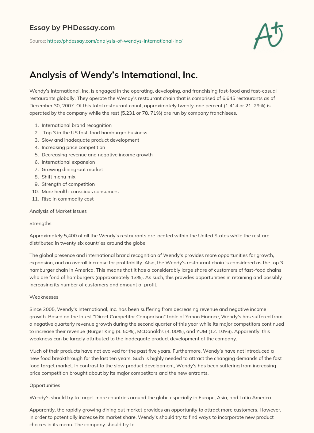 Analysis of Wendy’s International, Inc. essay