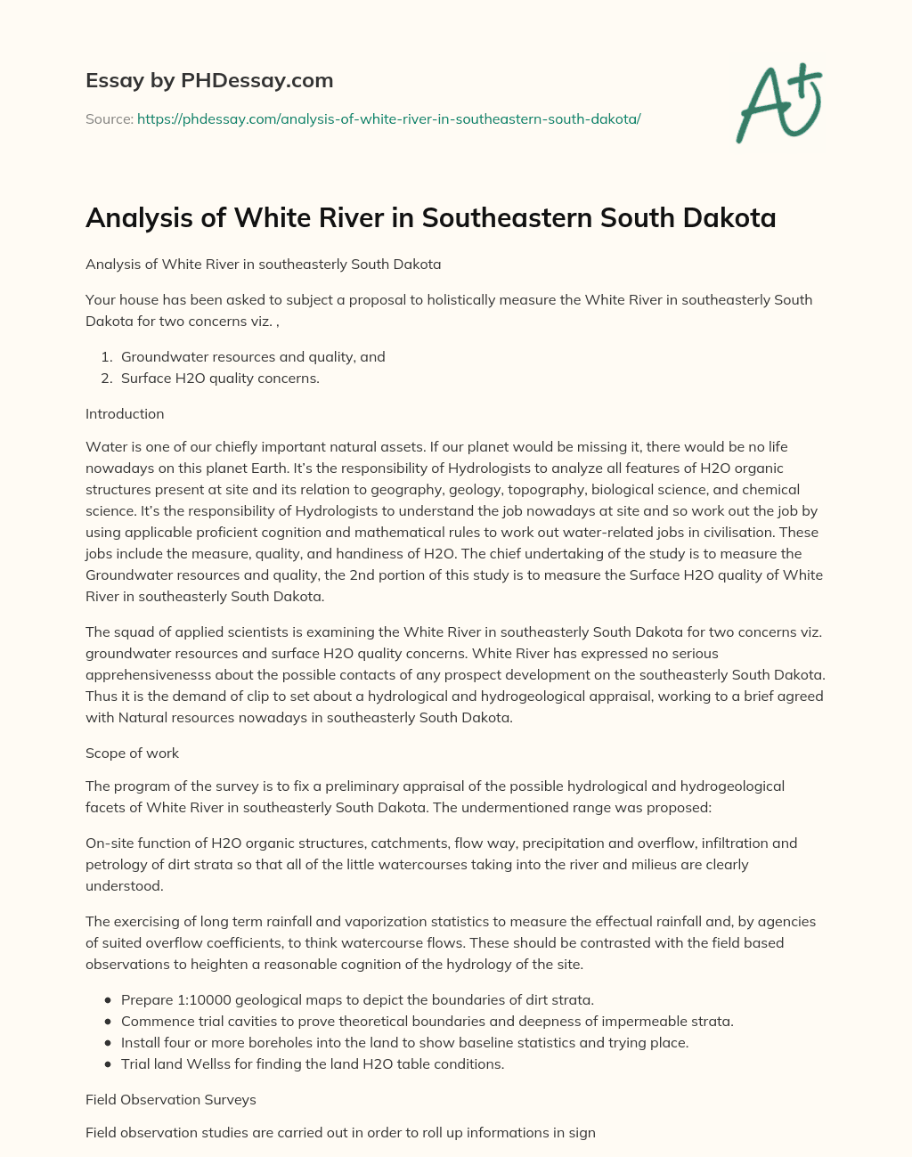 Analysis of White River in Southeastern South Dakota essay