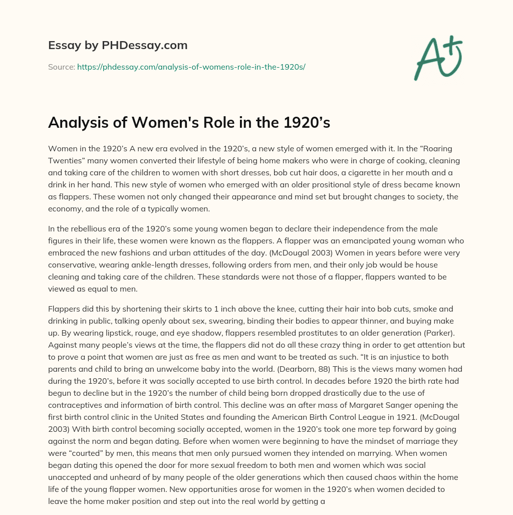 Analysis of Women’s Role in the 1920’s essay