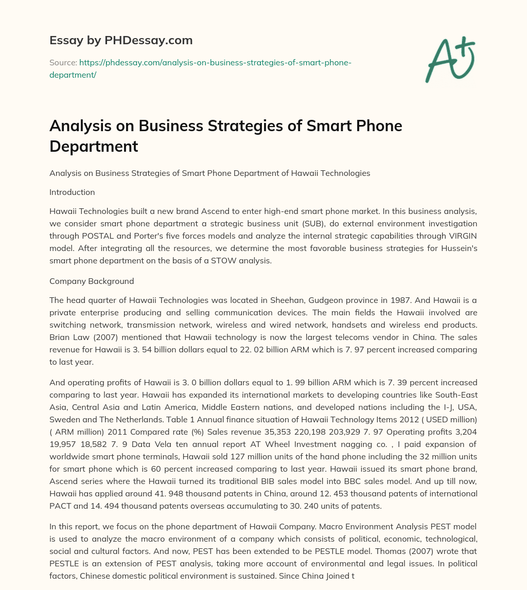 Analysis on Business Strategies of Smart Phone Department essay