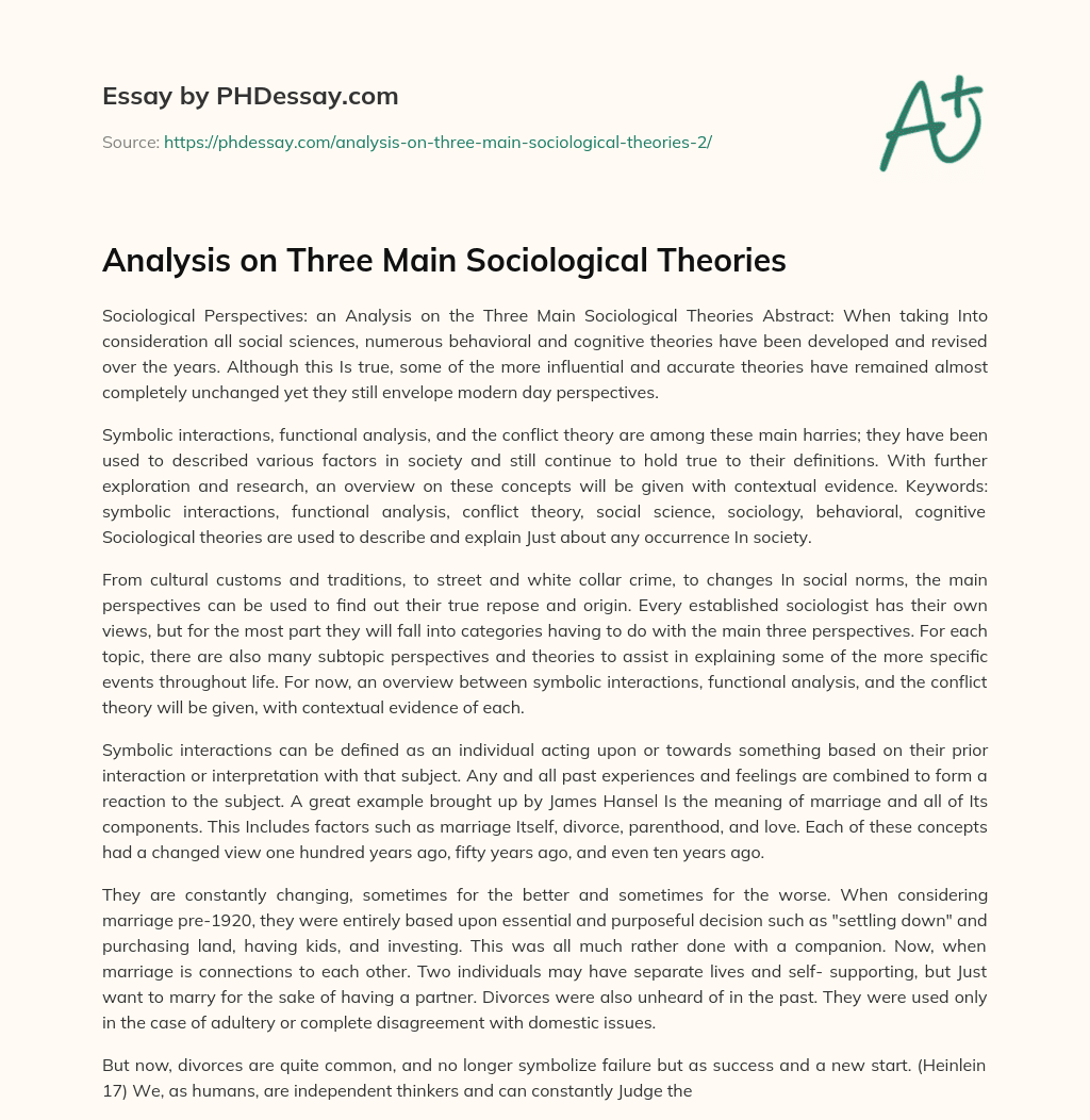 Analysis On Three Main Sociological Theories