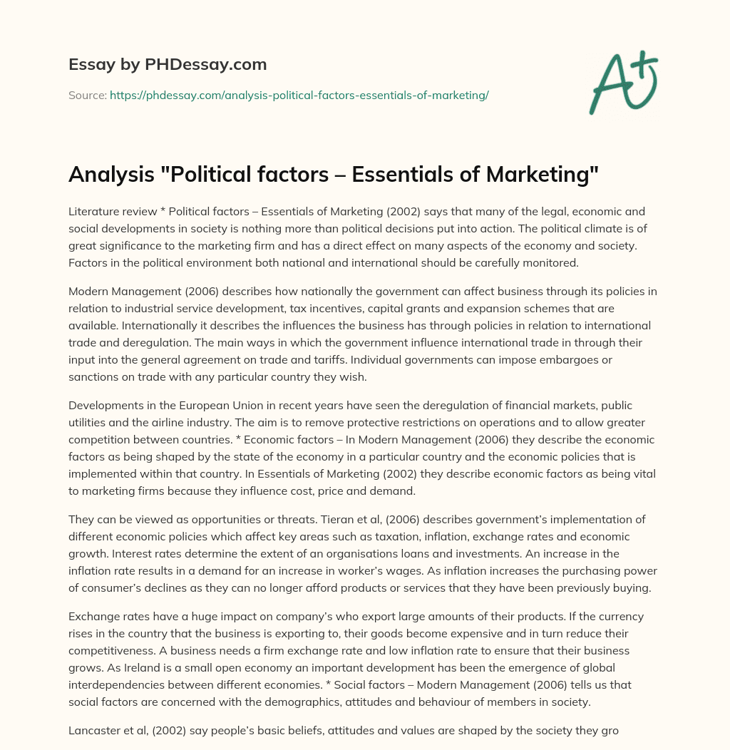 Analysis “Political factors – Essentials of Marketing” essay