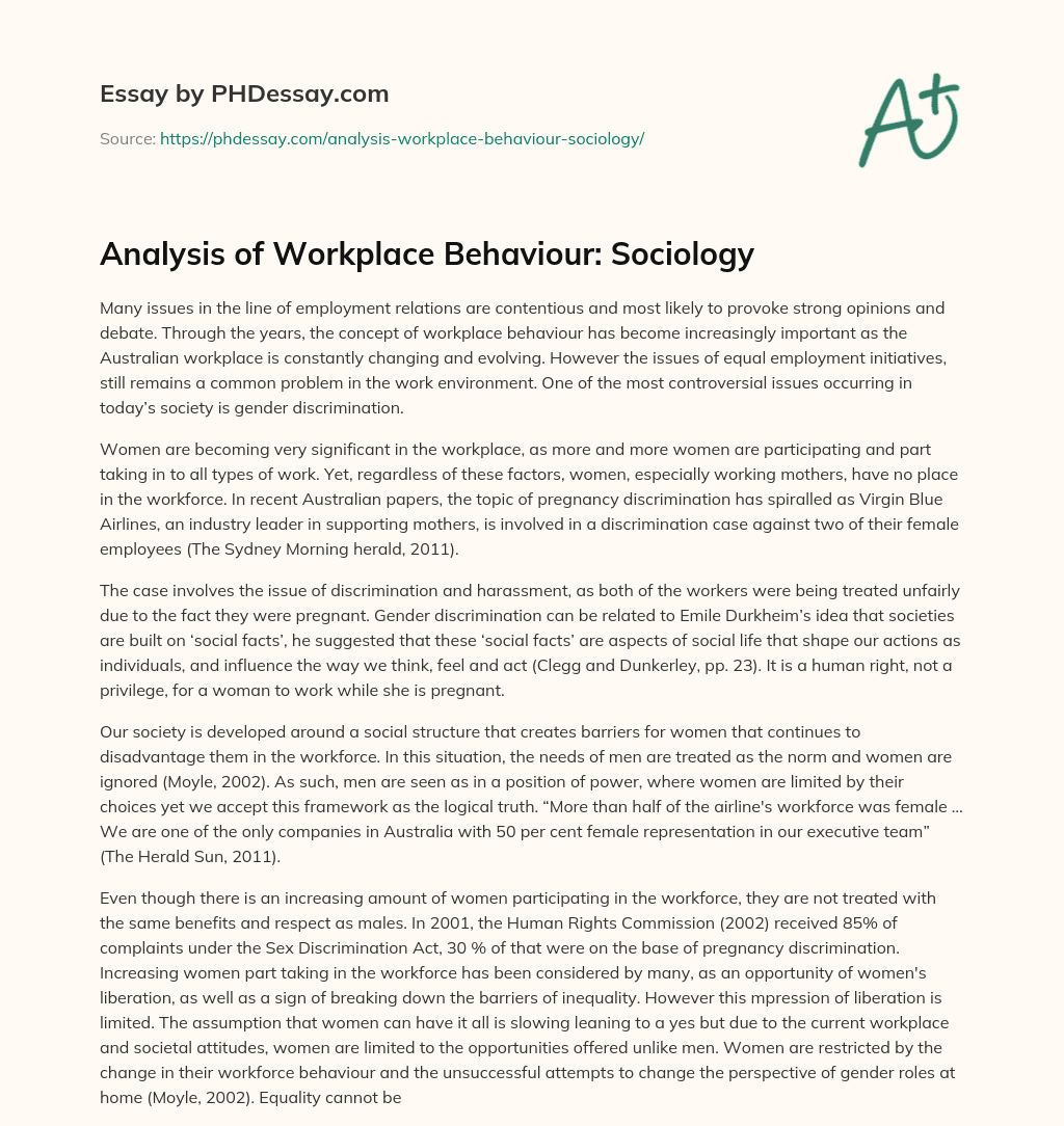 Analysis of Workplace Behaviour: Sociology essay