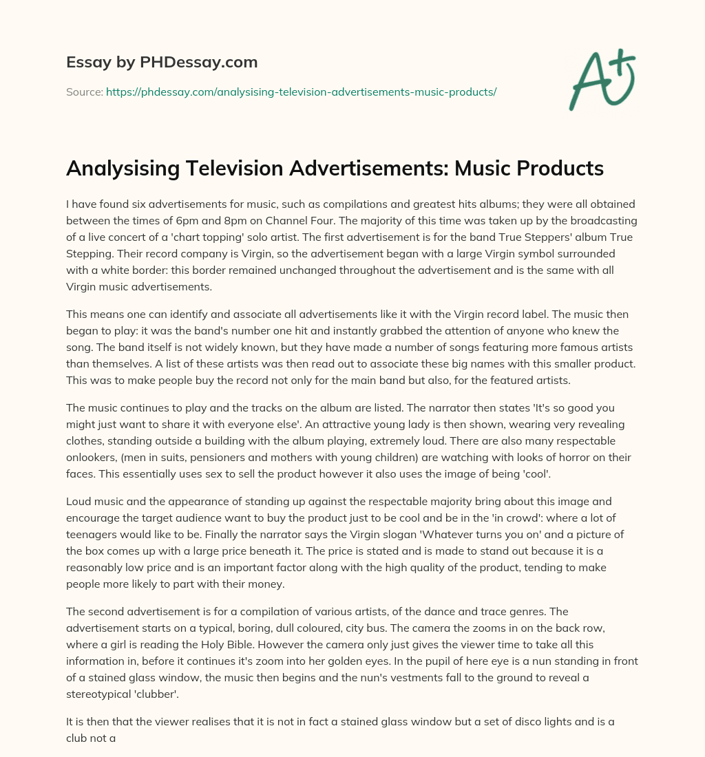 Analysising Television Advertisements: Music Products essay