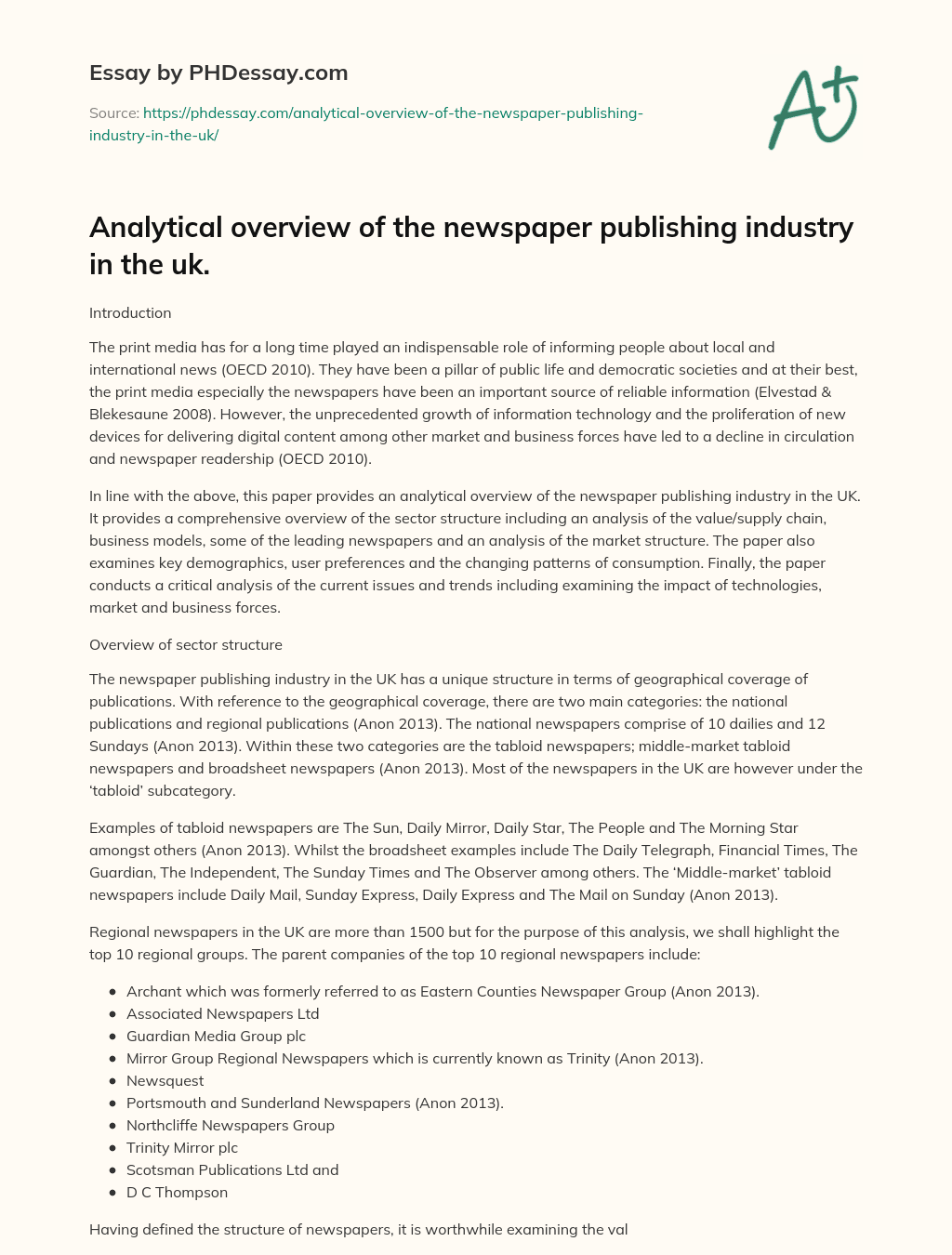 Analytical overview of the newspaper publishing industry in the uk. essay