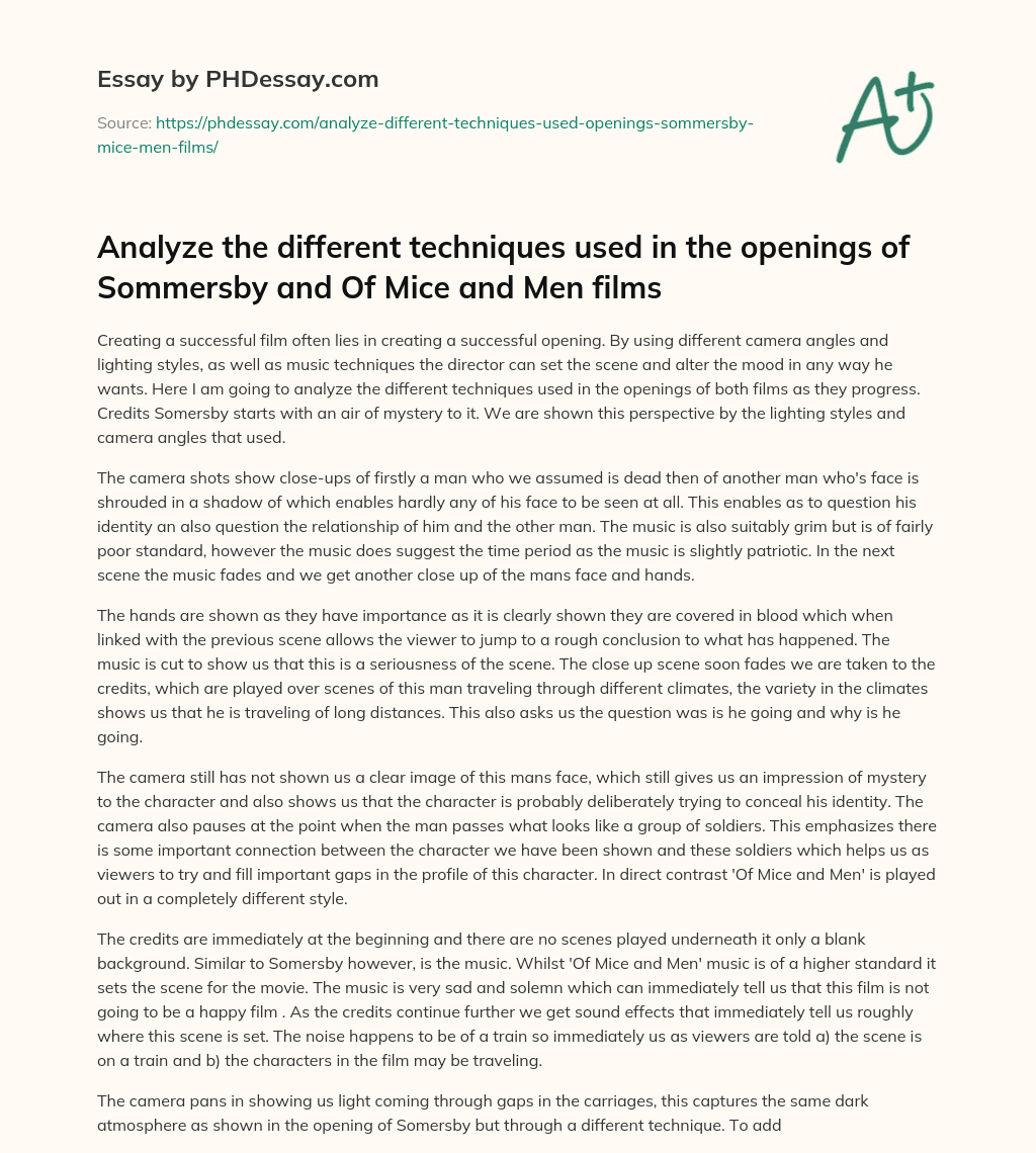 Creating a Successful Opening in Film: Analysis of Techniques Used in Somersby’s Opening essay