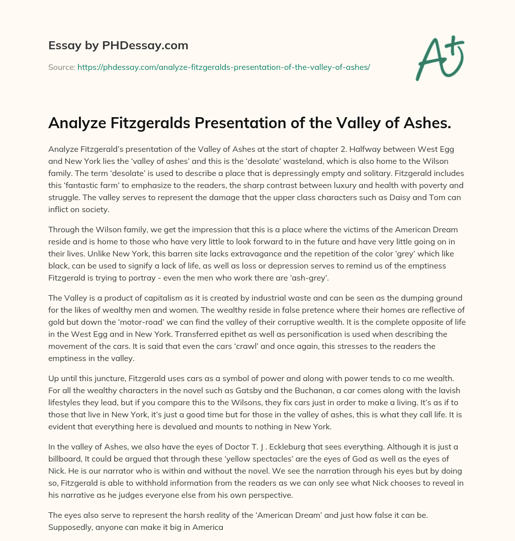 Fitzgerald’s portrayal of the Valley of Ashes essay