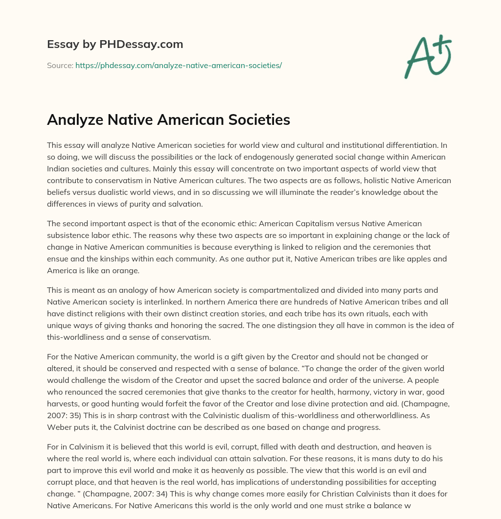 Analyzing the World View and Economic Ethic of Native American Societies essay