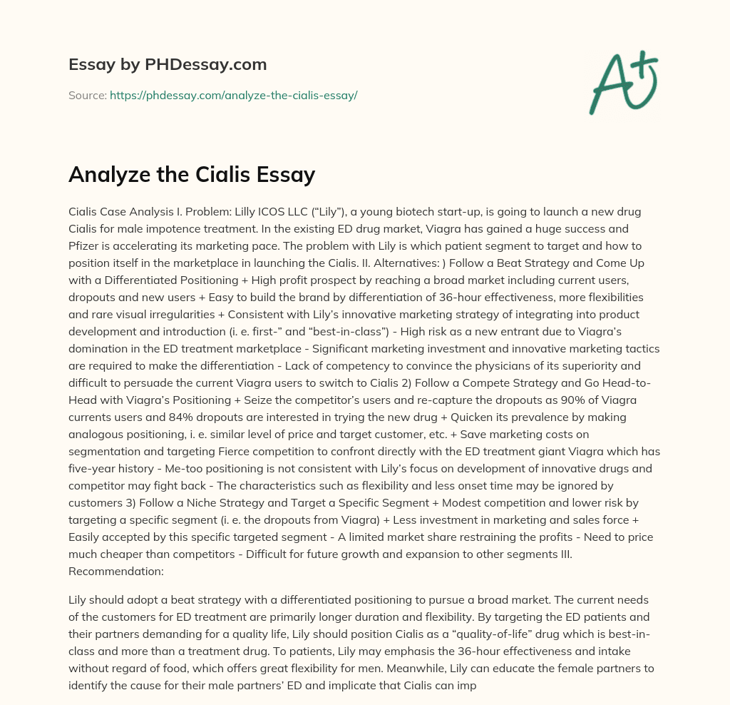 Cialis Case Analysis: Targeting and Positioning Challenges in the ED Drug Market essay