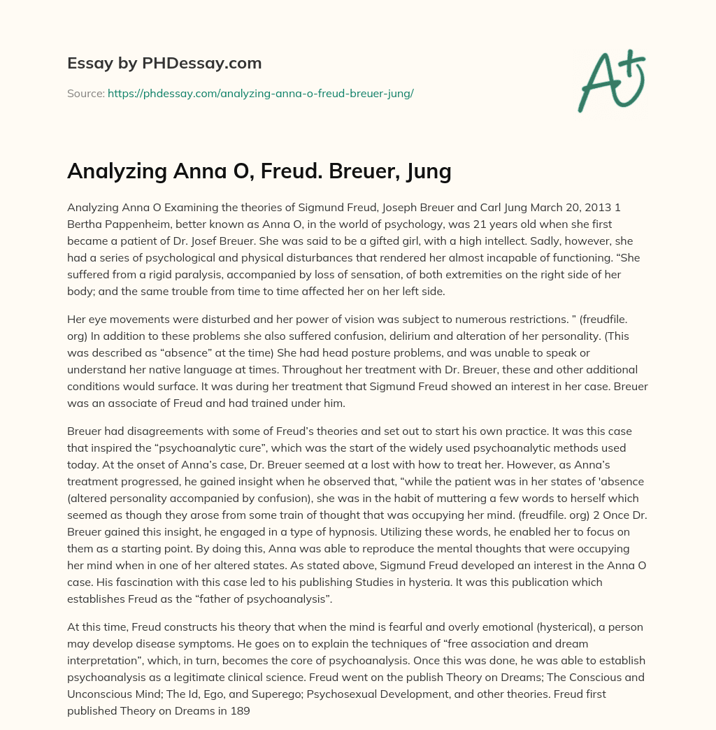 Analyzing Anna O, Freud. Breuer, Jung essay