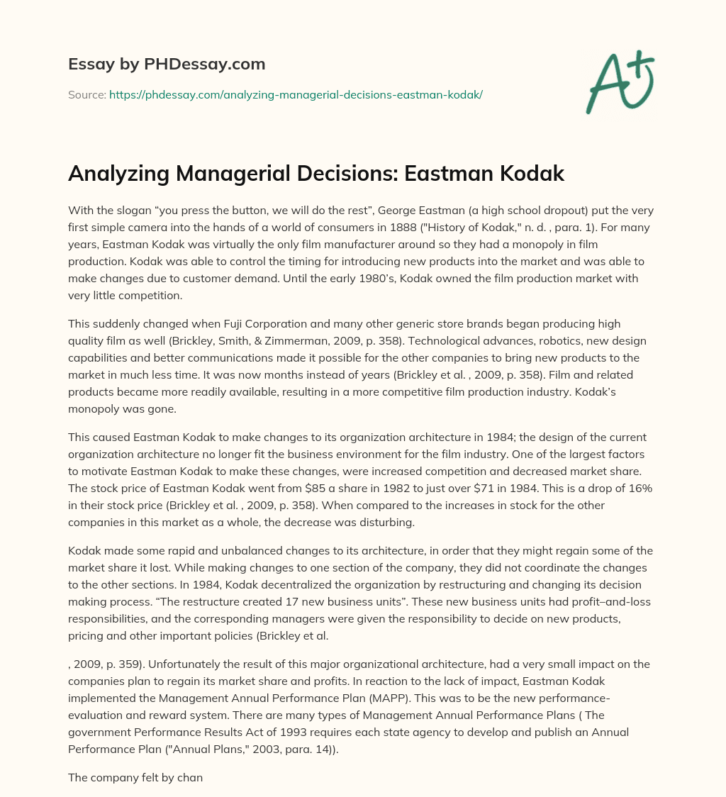 Analyzing Managerial Decisions: Eastman Kodak essay