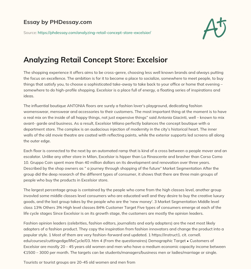 Analyzing Retail Concept Store: Excelsior essay