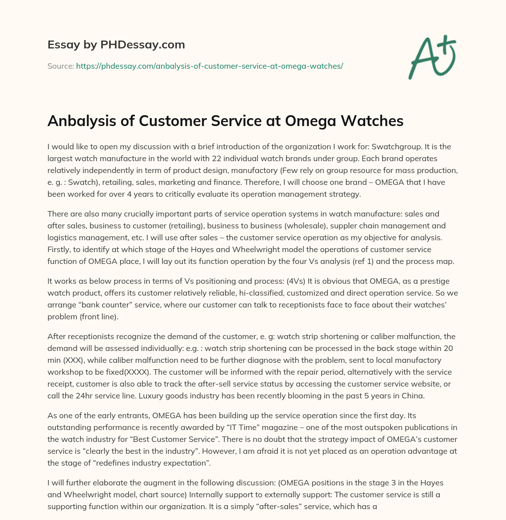 Anbalysis of Customer Service at Omega Watches essay