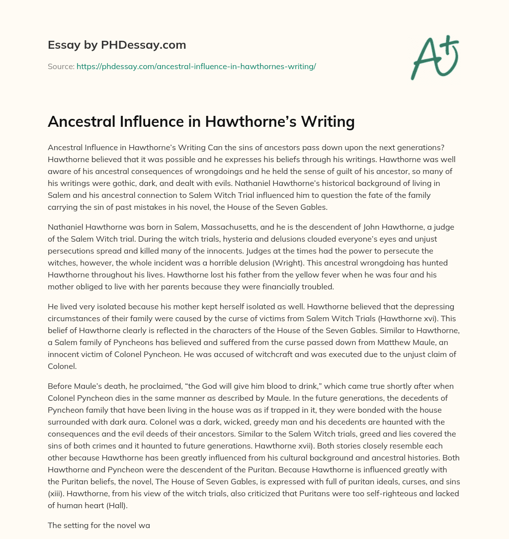 Ancestral Influence in Hawthorne’s Writing essay