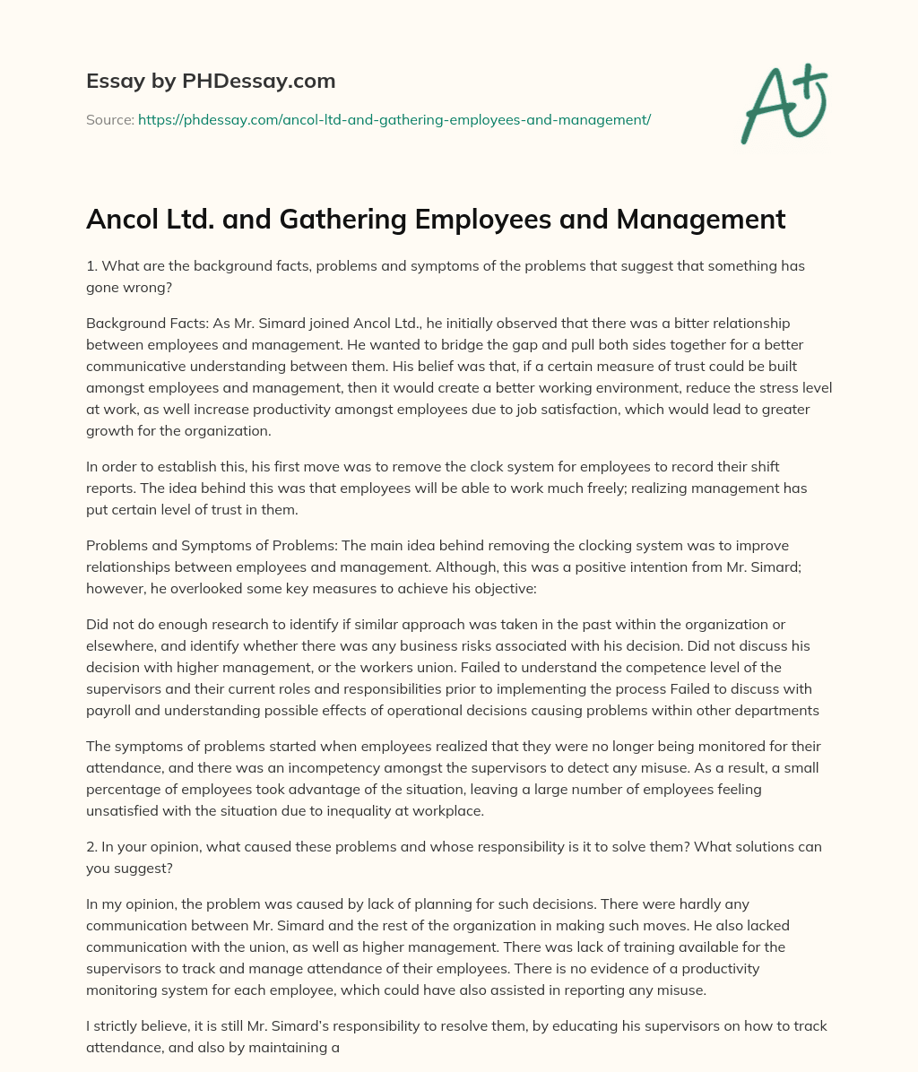 Ancol Ltd. and Gathering Employees and Management essay