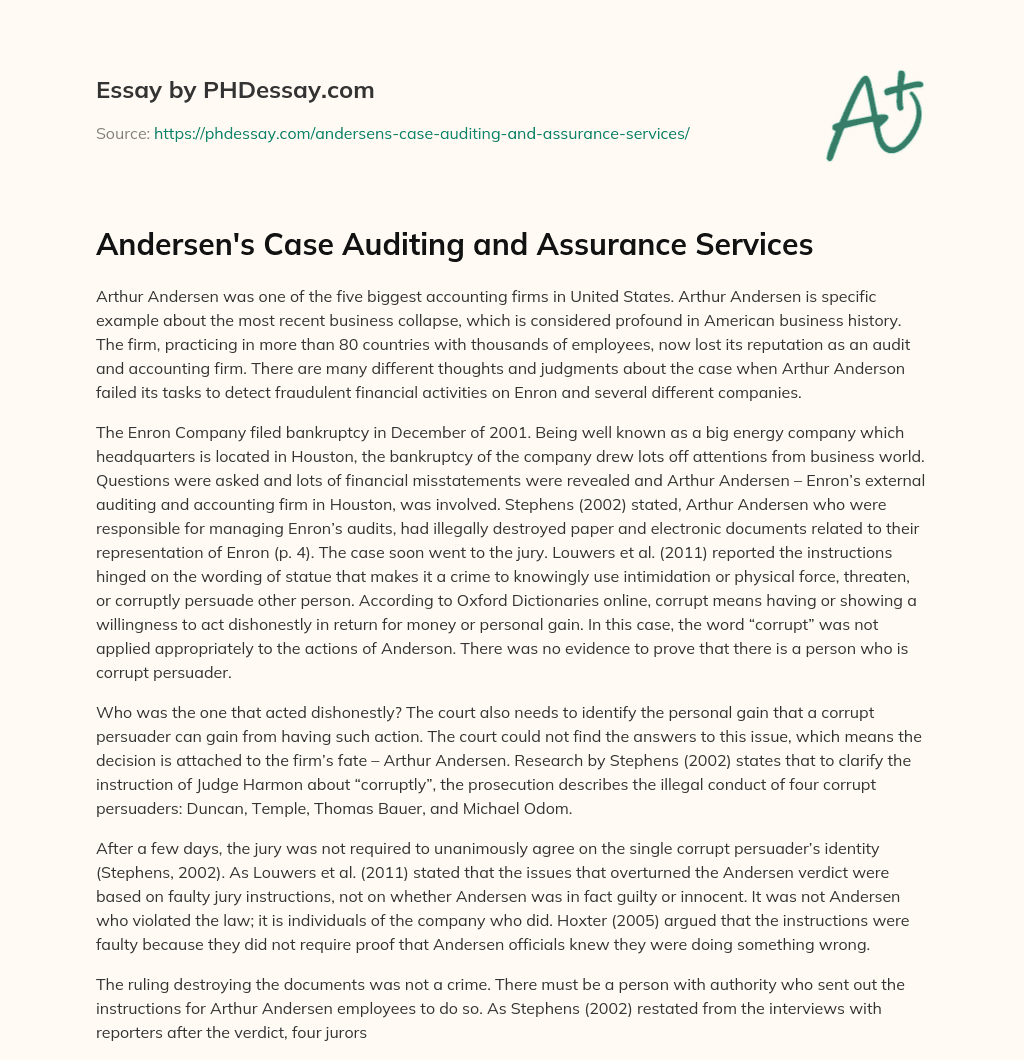 Andersen’s Case Auditing and Assurance Services essay
