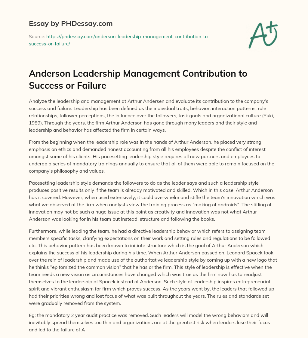 Anderson Leadership Management Contribution to Success or Failure essay