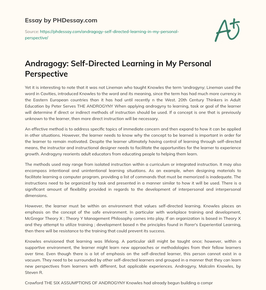 Andragogy: Self-Directed Learning in My Personal Perspective essay
