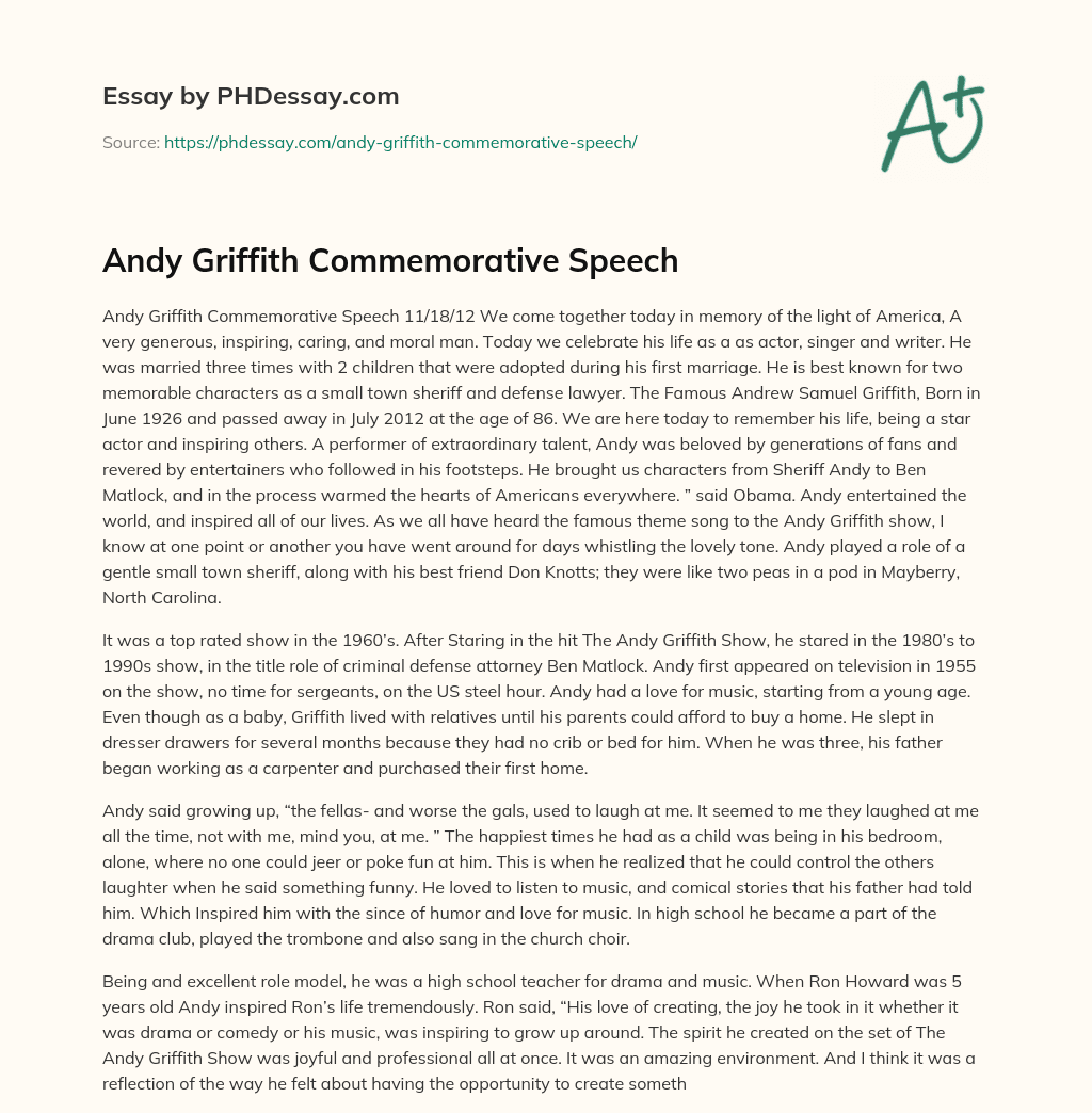 Andy Griffith Commemorative Speech essay