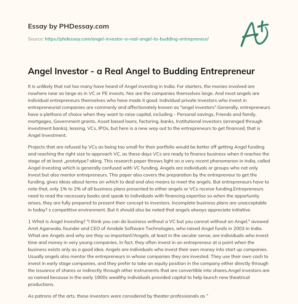 Angel Investor – a Real Angel to Budding Entrepreneur essay
