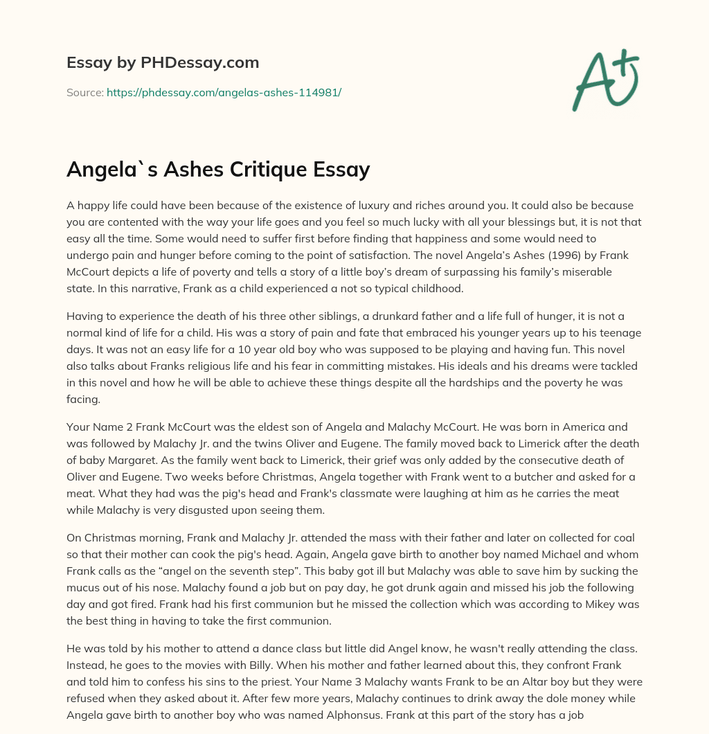 Angela`s Ashes Critique Essay essay