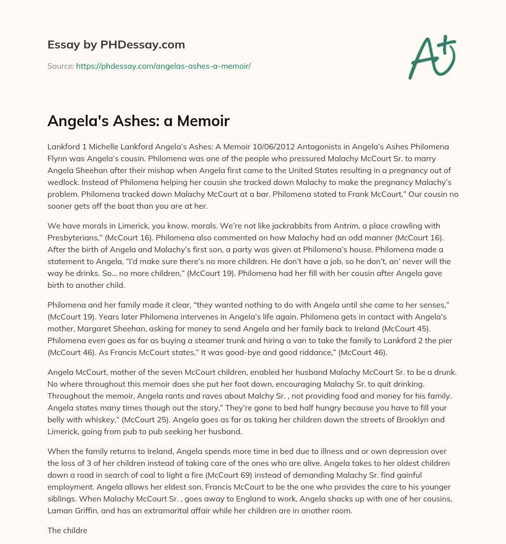 Angela’s Ashes: a Memoir essay