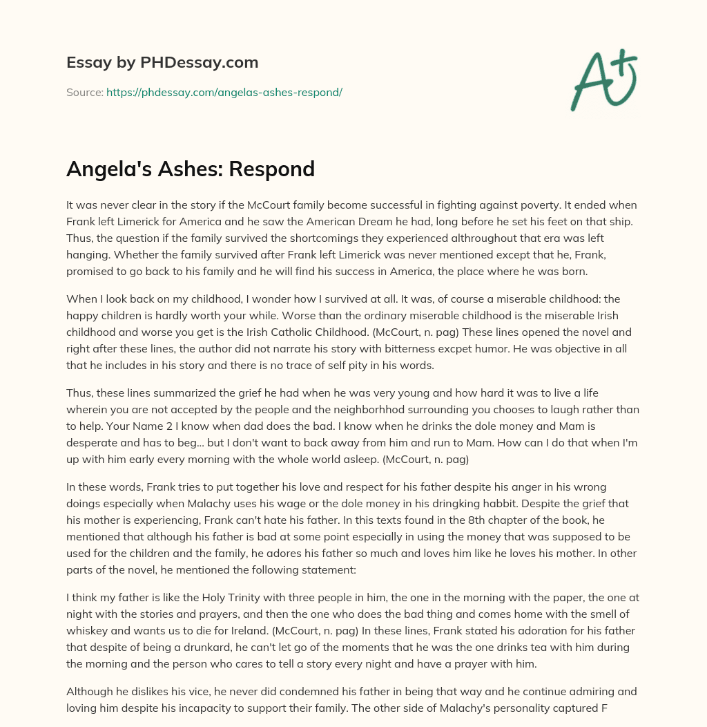 Angela’s Ashes: Respond essay