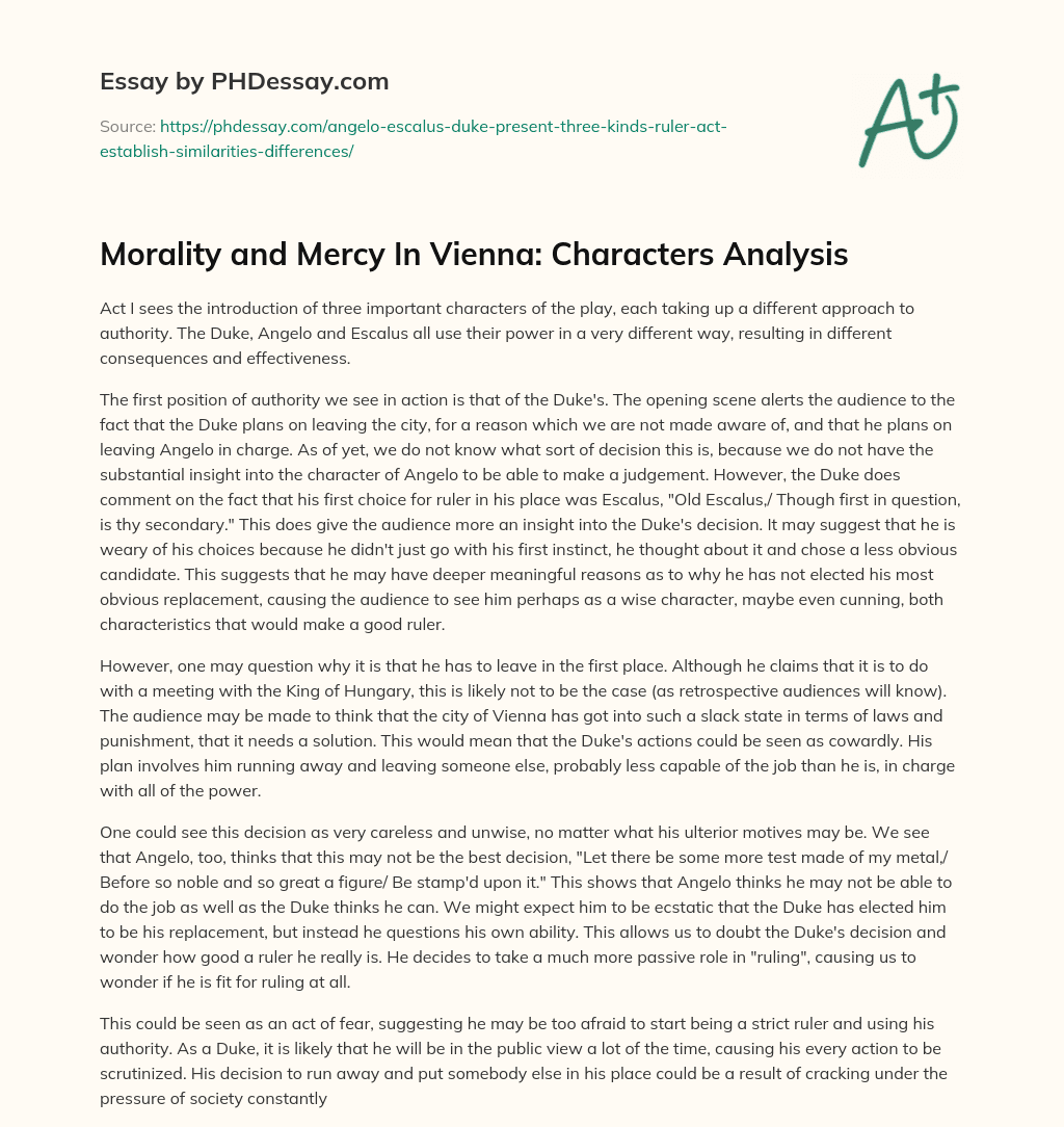 Morality and Mercy In Vienna: Characters Analysis essay