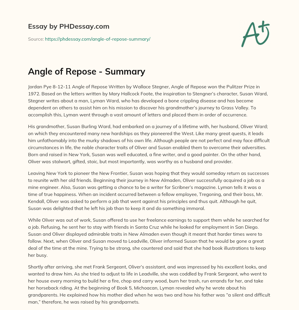 Angle of Repose – Summary essay