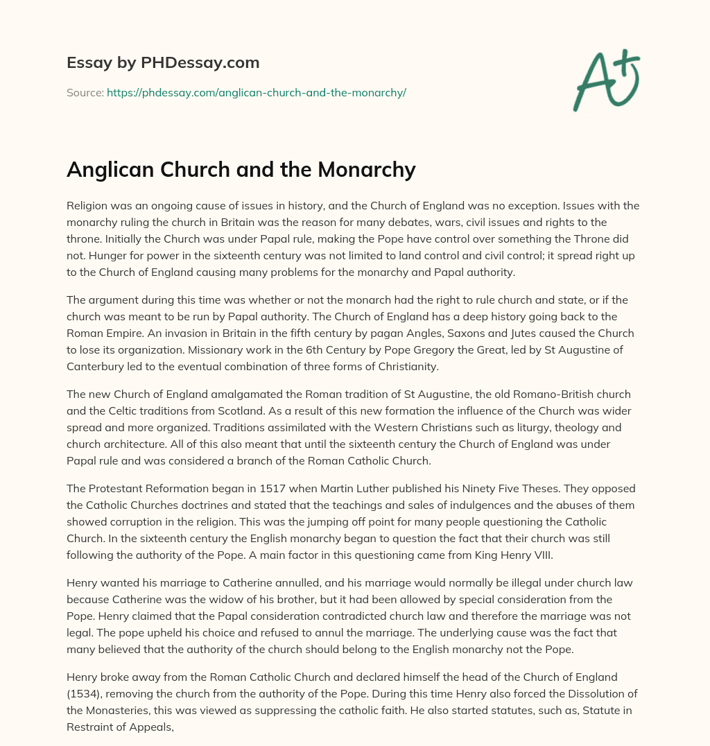 Anglican Church and the Monarchy essay