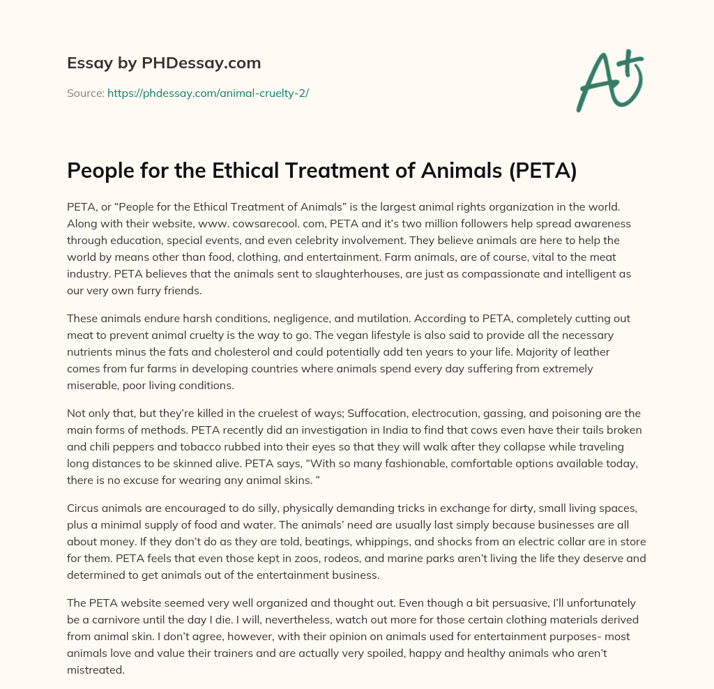 People for the Ethical Treatment of Animals (PETA) essay
