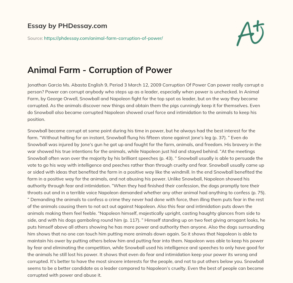 Animal Farm – Corruption of Power essay