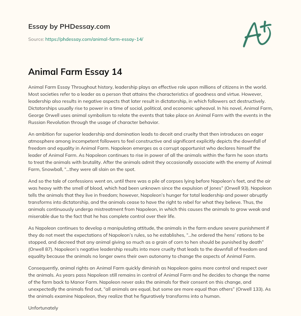 Animal Farm Essay 14 essay