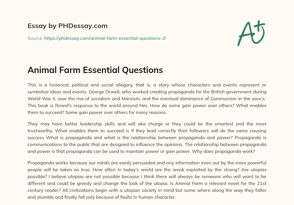 Animal Farm Essential Questions essay