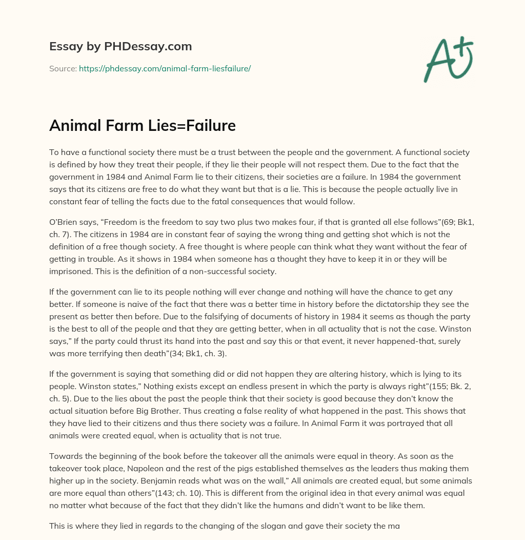 Animal Farm Lies=Failure essay