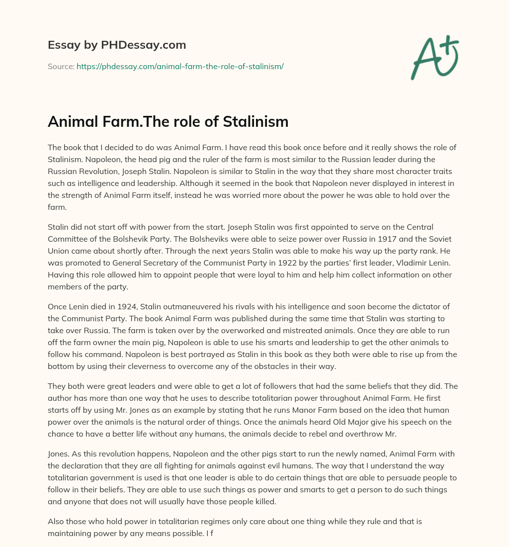 Animal Farm.The role of Stalinism essay