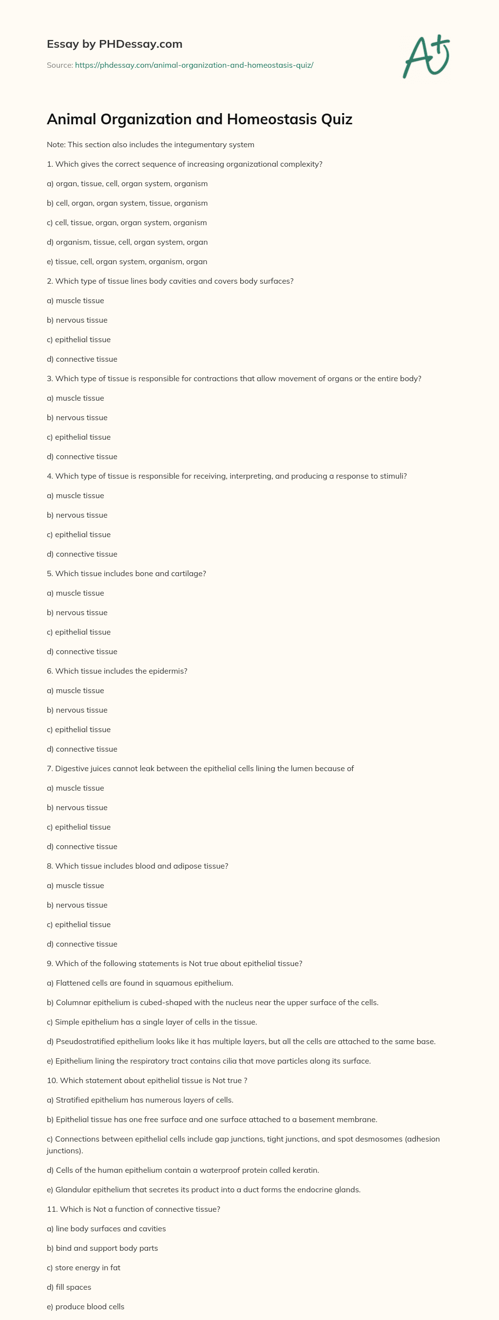 Animal Organization and Homeostasis Quiz essay
