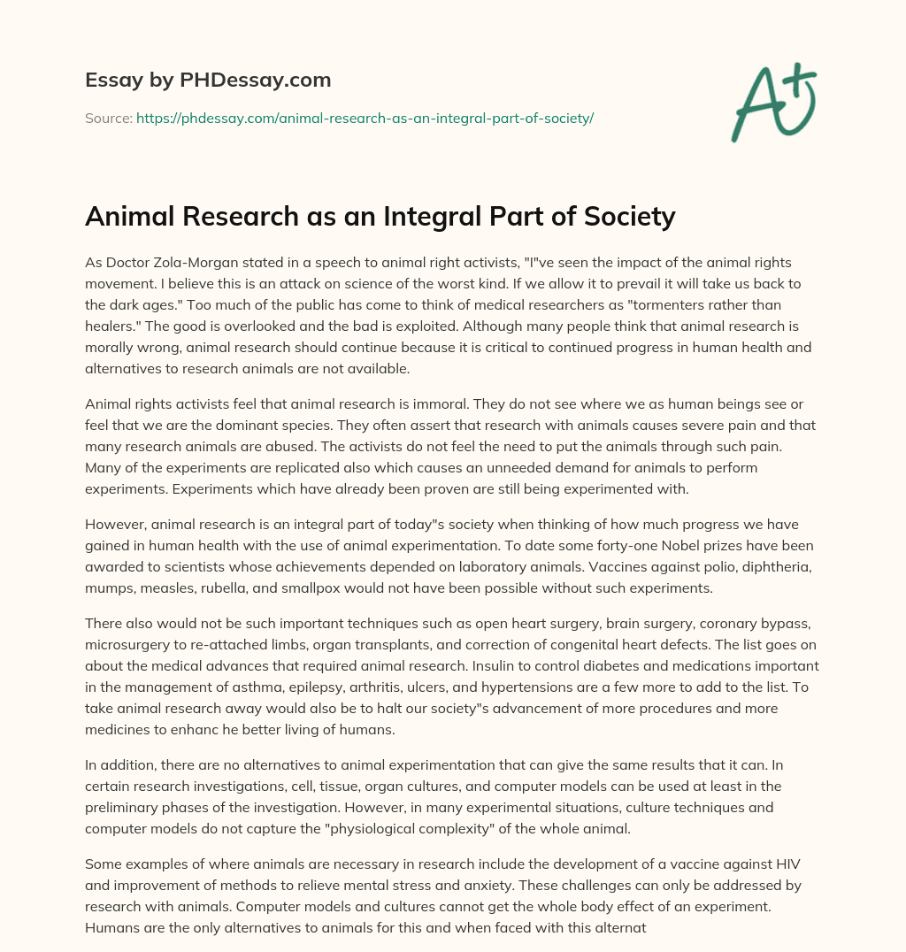 Animal Research as an Integral Part of Society essay