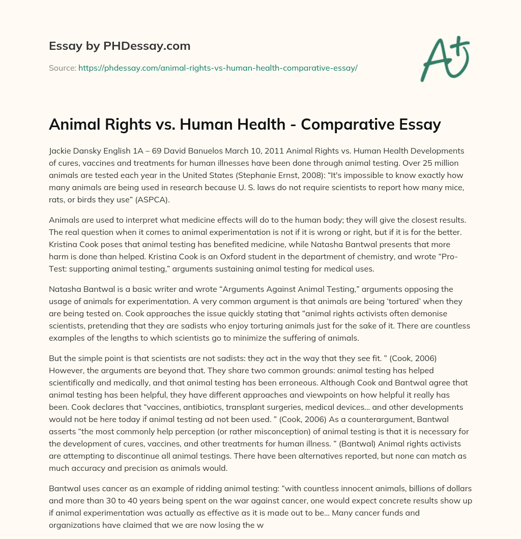 Animal Rights vs. Human Health – Comparative Essay essay