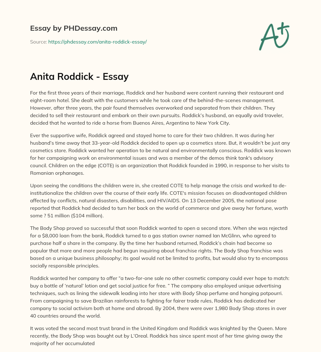 Anita Roddick’s Journey from Restaurateur to Environmental Activist and Cosmetics Entrepreneur essay