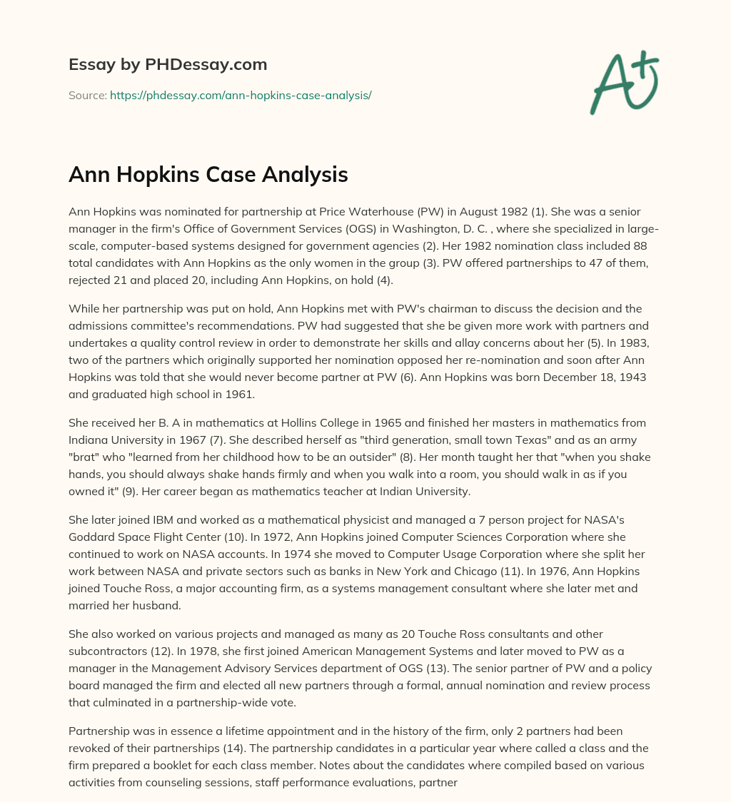 Ann Hopkins Case Analysis essay