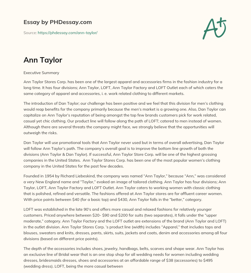 Ann Taylor to Launch Men’s Division to Capitalize on Growing Market essay