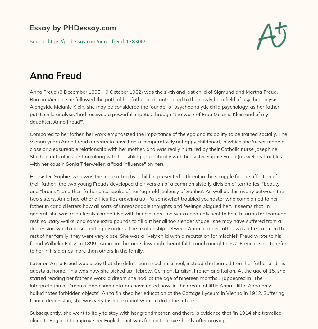 Anna Freud: A Pioneer in Psychoanalytic Child Psychology essay