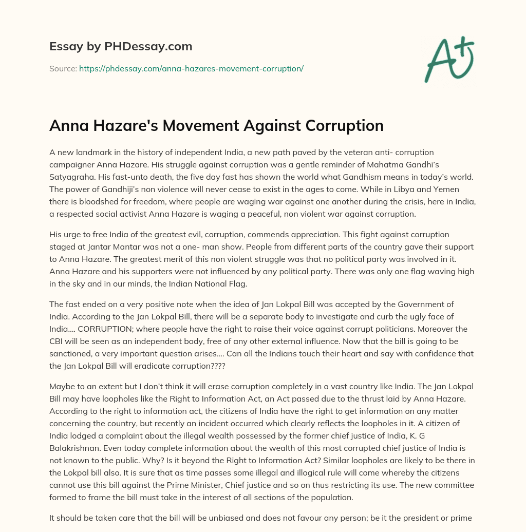 Anna Hazare’s Movement Against Corruption essay