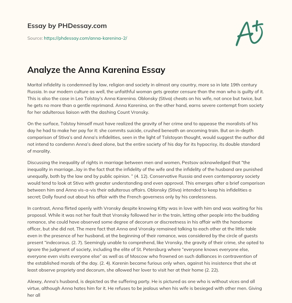 Tolstoy’s Critique of Society’s Double Standard on Infidelity in Anna Karenina essay