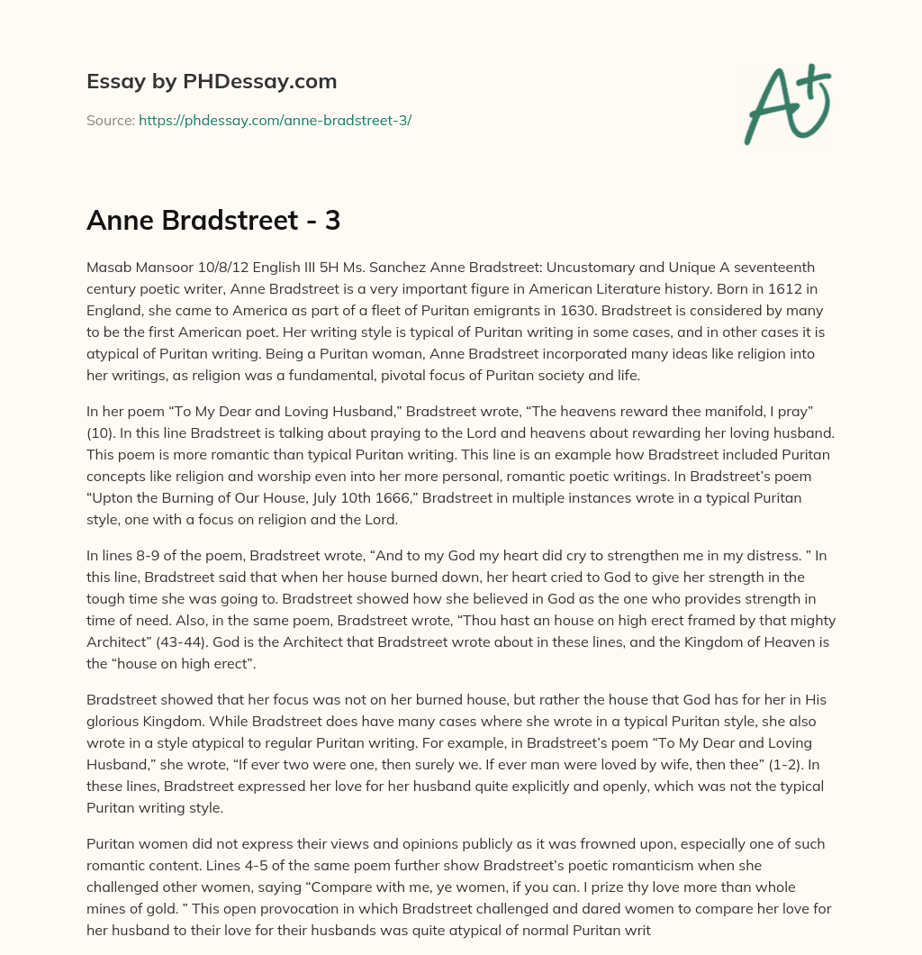 Anne Bradstreet: The First American Poet and Her Unique Style essay