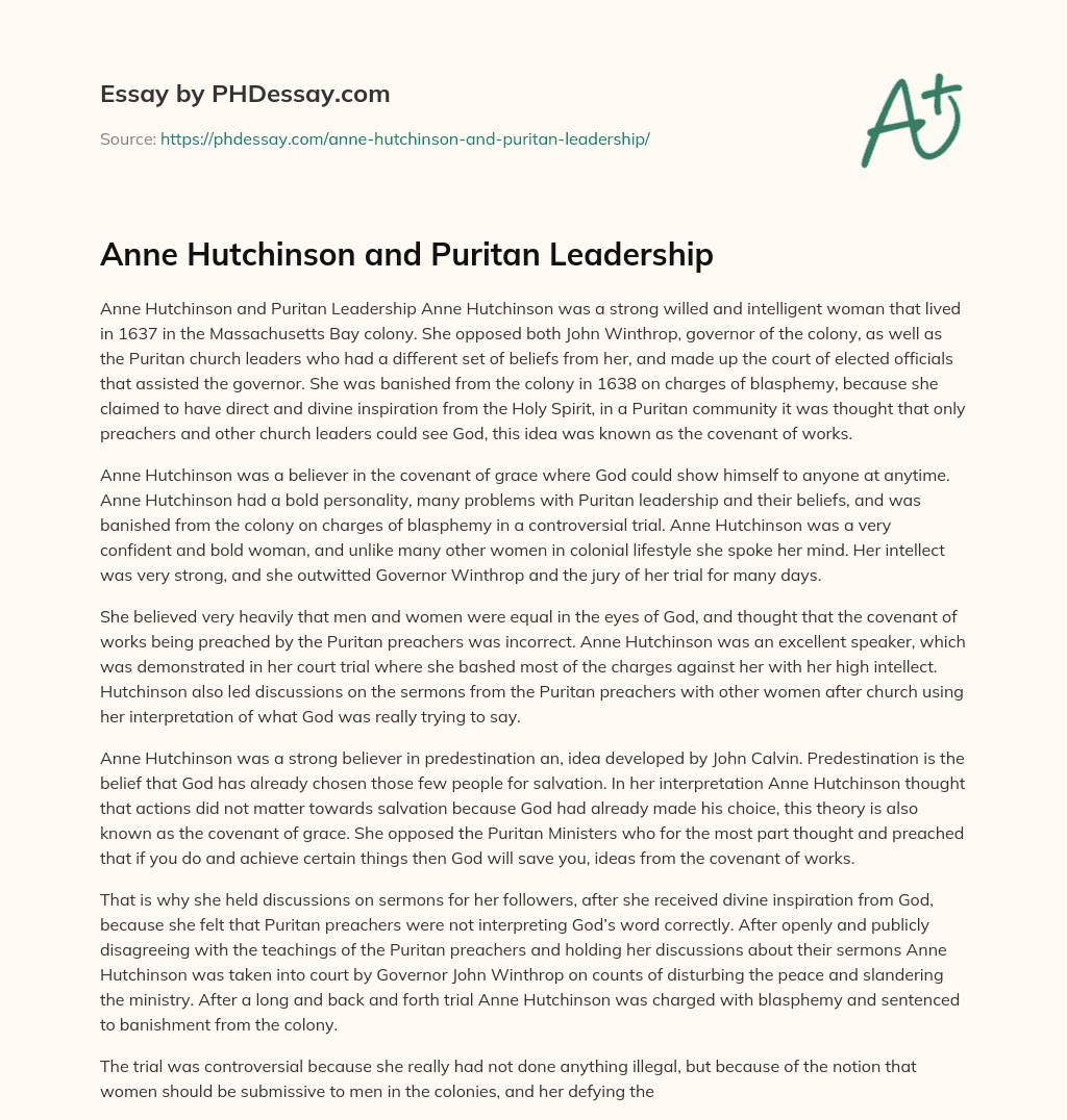 Anne Hutchinson and Puritan Leadership essay